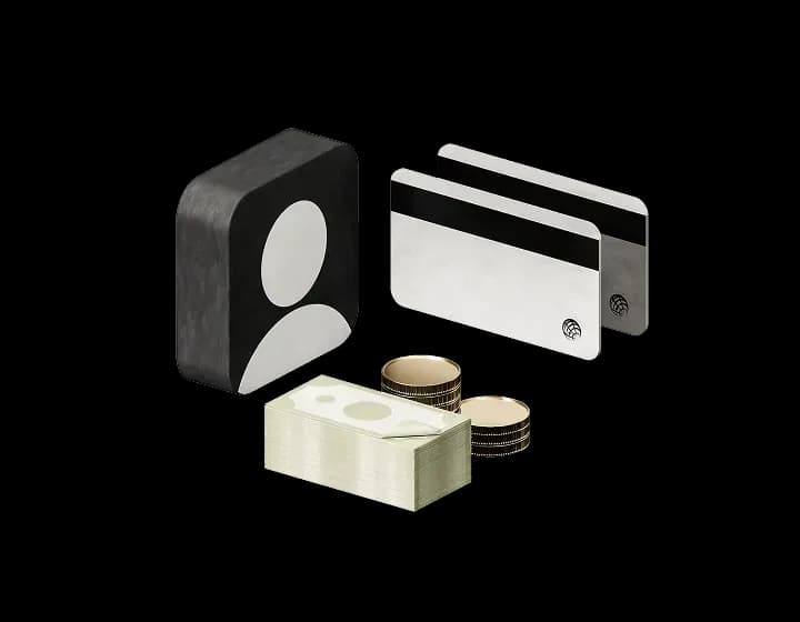 Піктограма профілю поряд із картками, стопкою купюр та монетами