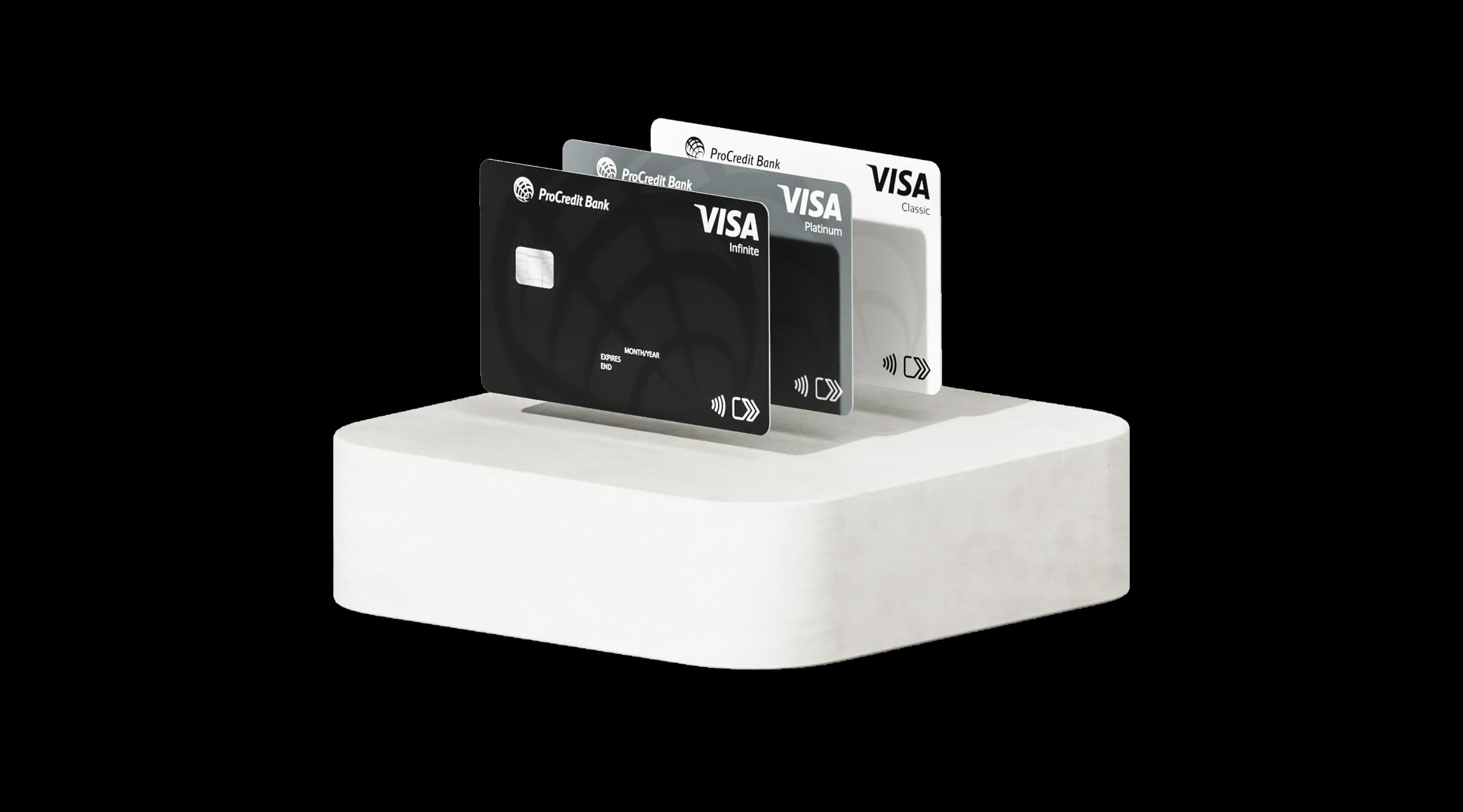 Банківські картки, розміщені вертикально, одна за одною, на білому подіумі
