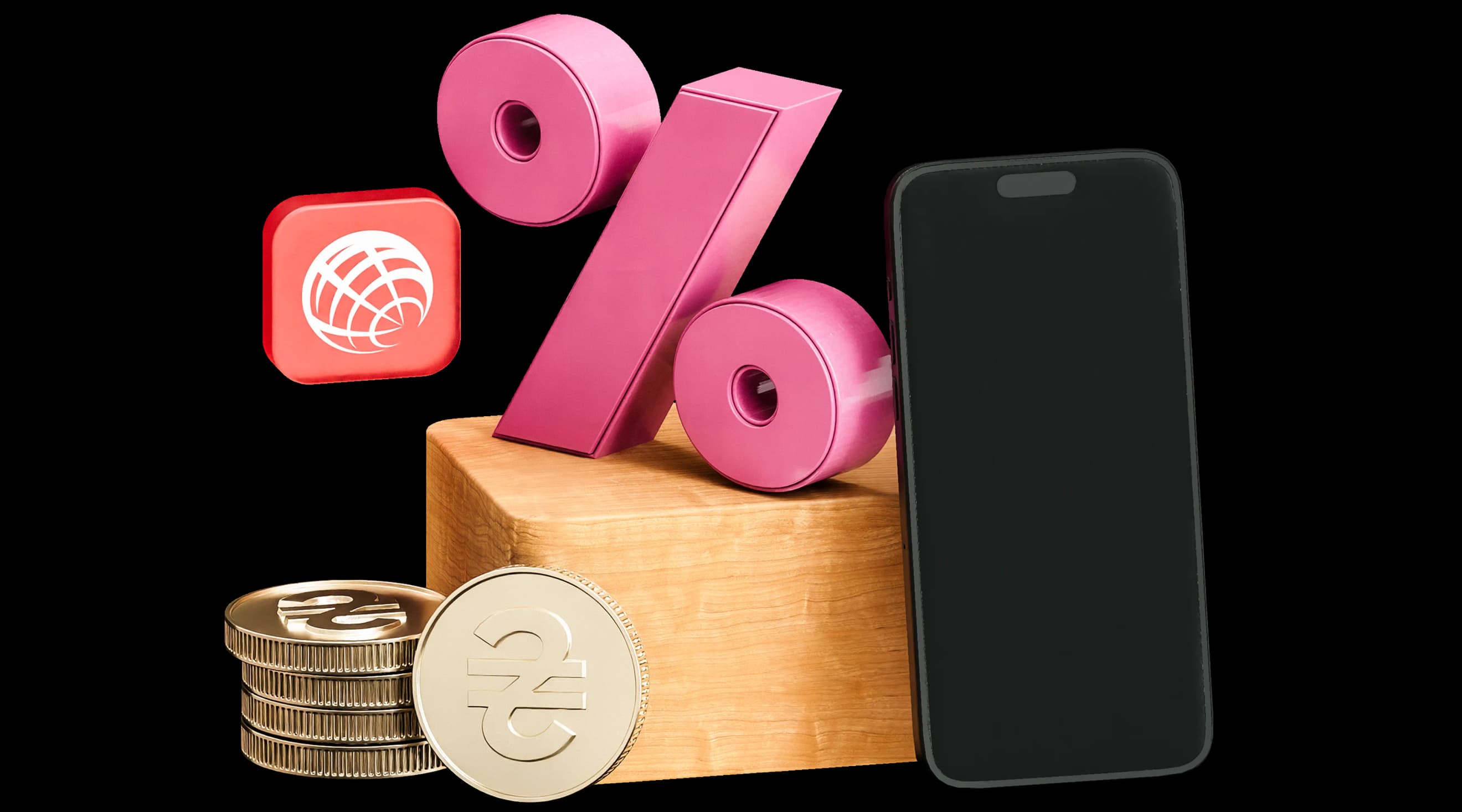 Рожевий символ відсотка стоїть на блоці поруч зі смартфоном, монетами та значком ProCredit Bank