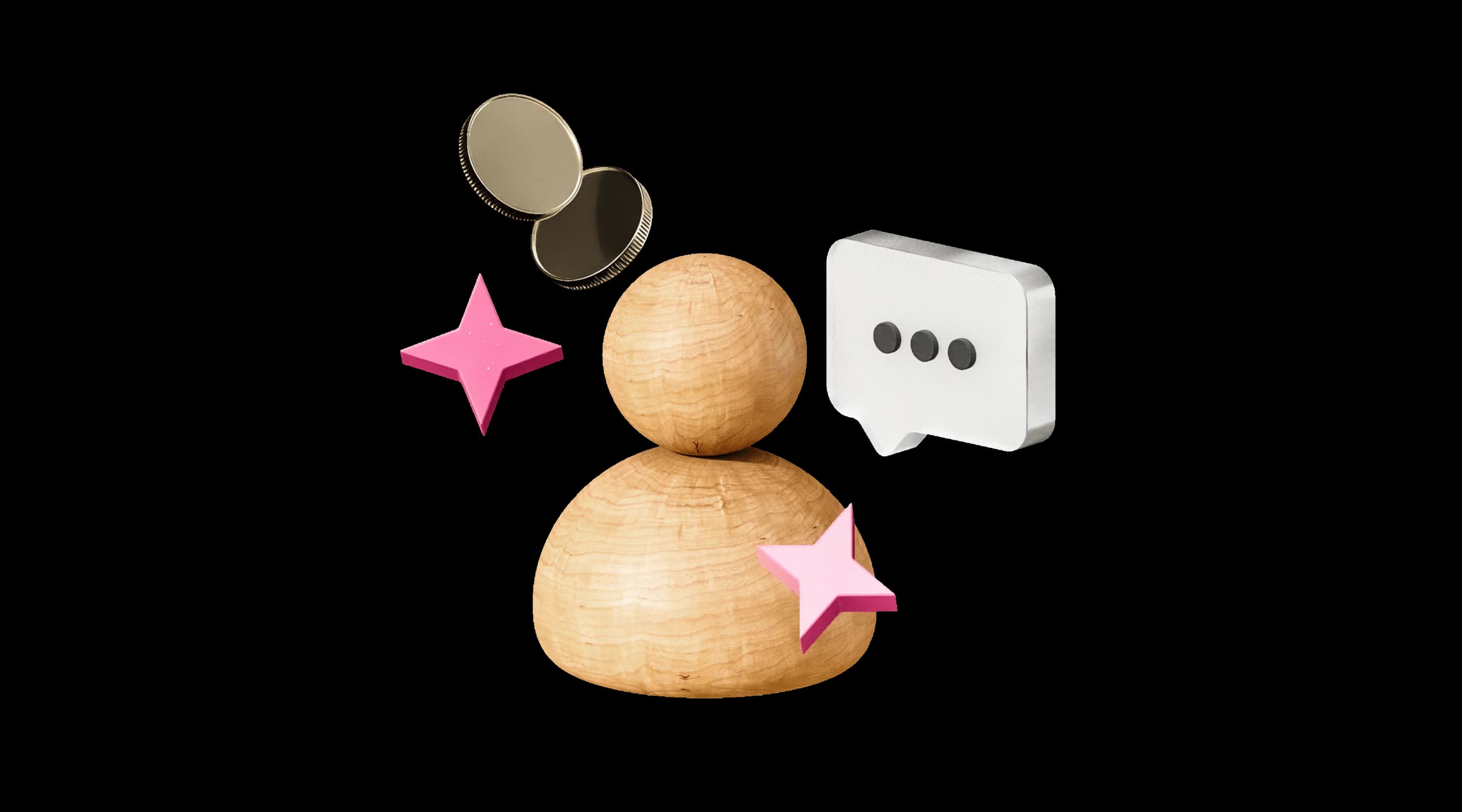 Дерев’яна фігурка із монетами, діалоговою піктограмою та декоративними зірками