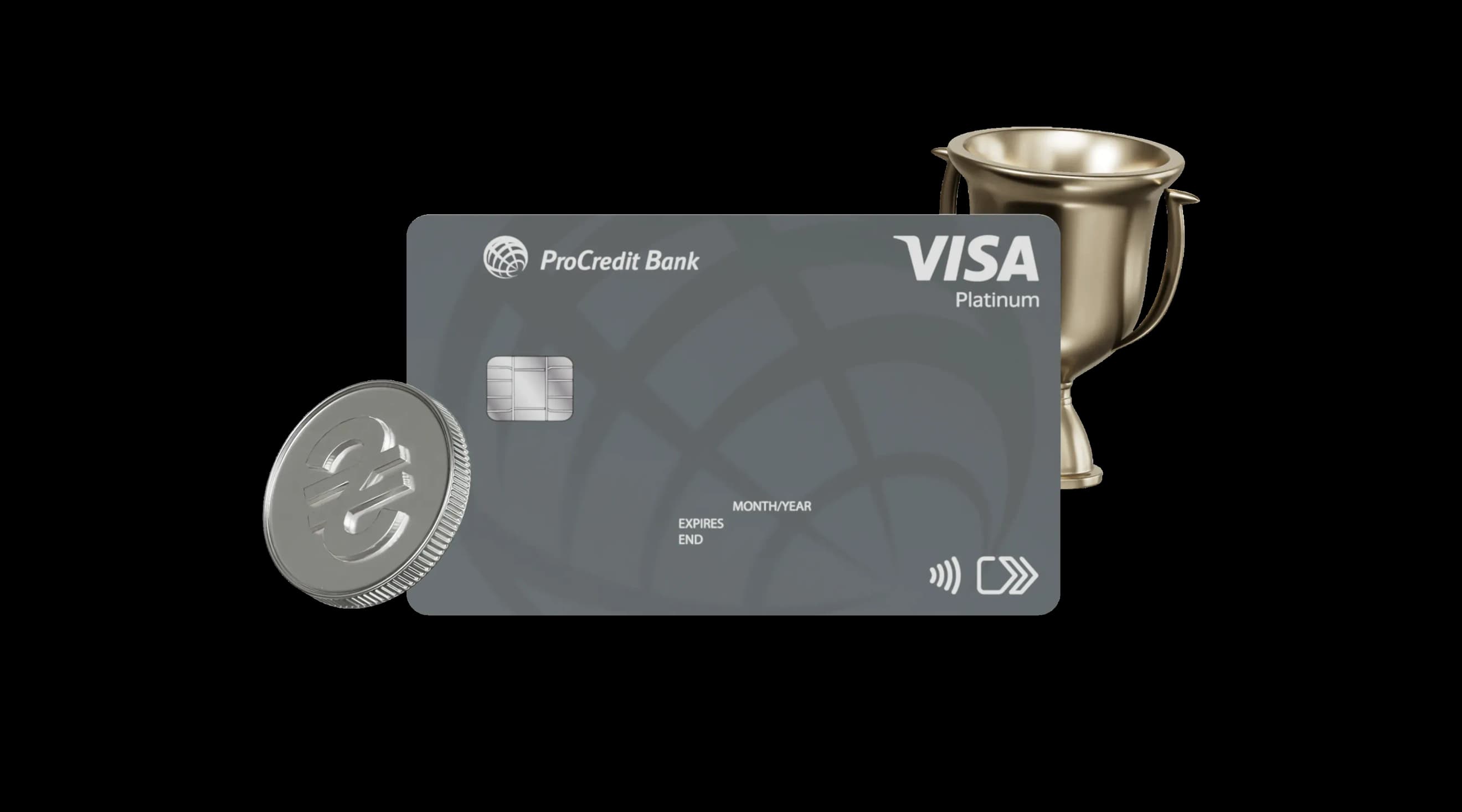 Банківська картка Visa Platinum із металевою монетою та трофеєм поруч