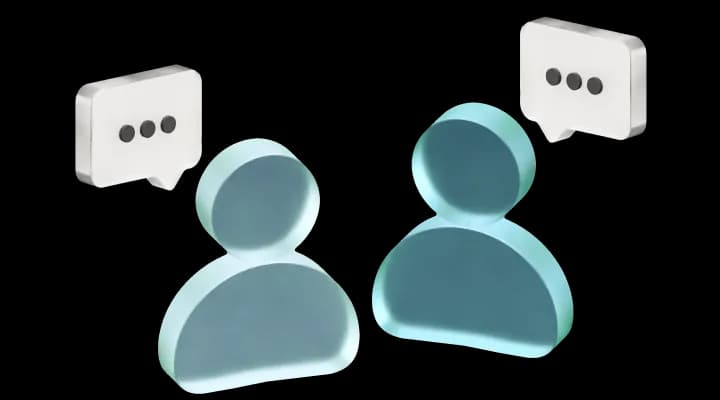 Дві абстрактні фігури людей поруч із піктограмами повідомлень, що символізують спілкування