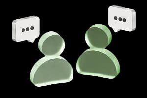 Дві абстрактні фігури людей поруч із піктограмами повідомлень, що символізують спілкування