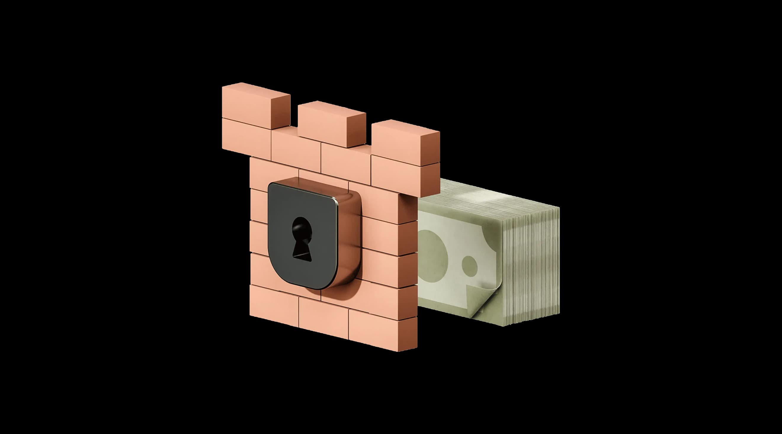 Стос банкнот частково прихований за стіною з цеглин із вбудованим замком