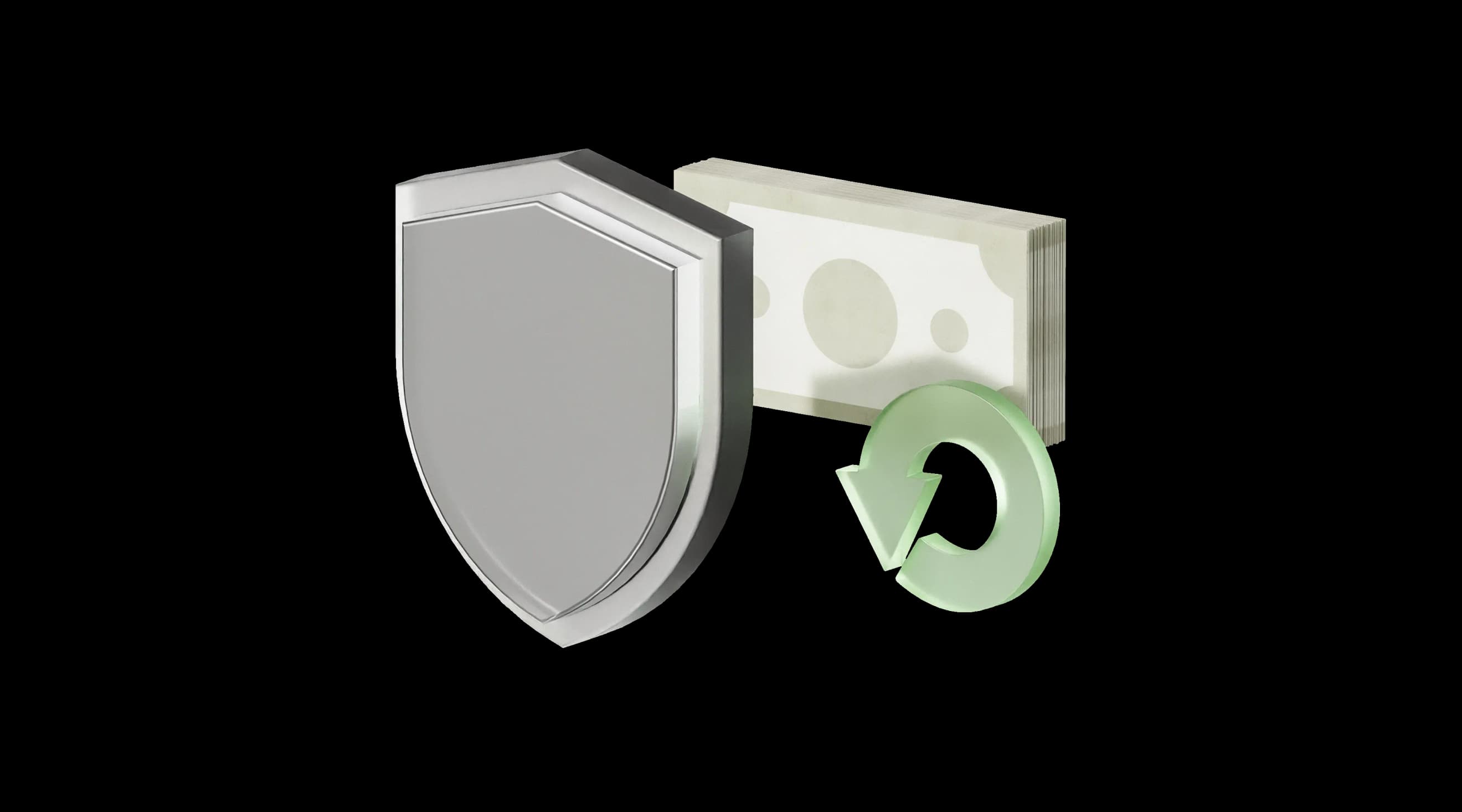 Срібний щит поруч із пачкою банкнот і зеленою круговою стрілкою