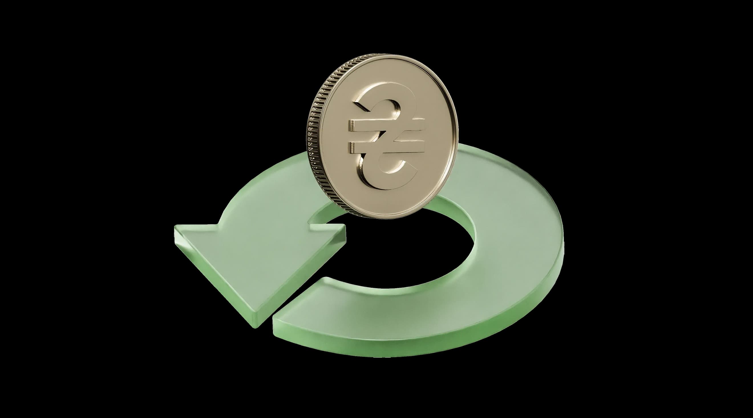 Золота монета зі знаком валюти стоїть на зеленій круговій стрілці