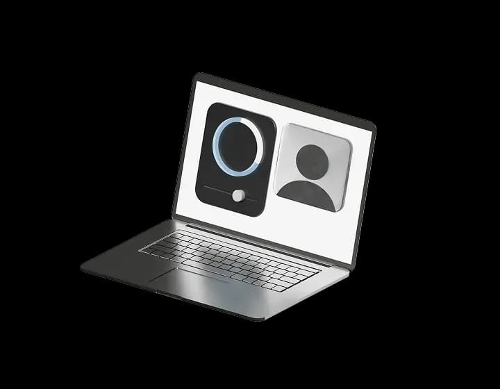Ноутбук із відкритим екраном відеодзвінка, де видно дві профільні піктограми