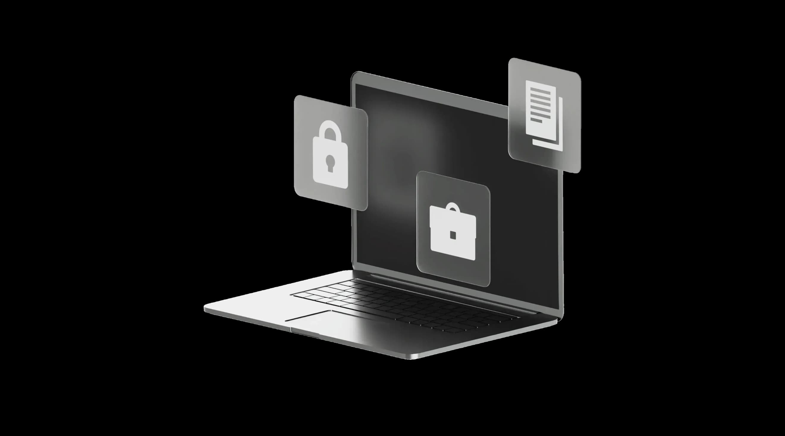 Ноутбук із піктограмами замка, портфеля та документа, що з’являються перед екраном