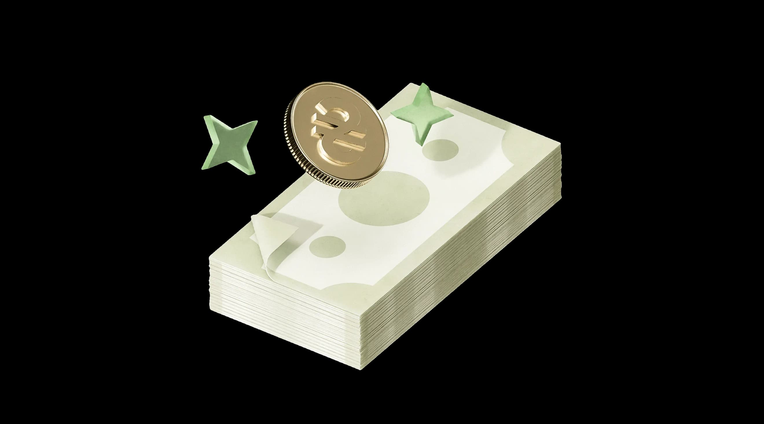 Стопка банкнот із золотою монетою та декоративними зірками поруч