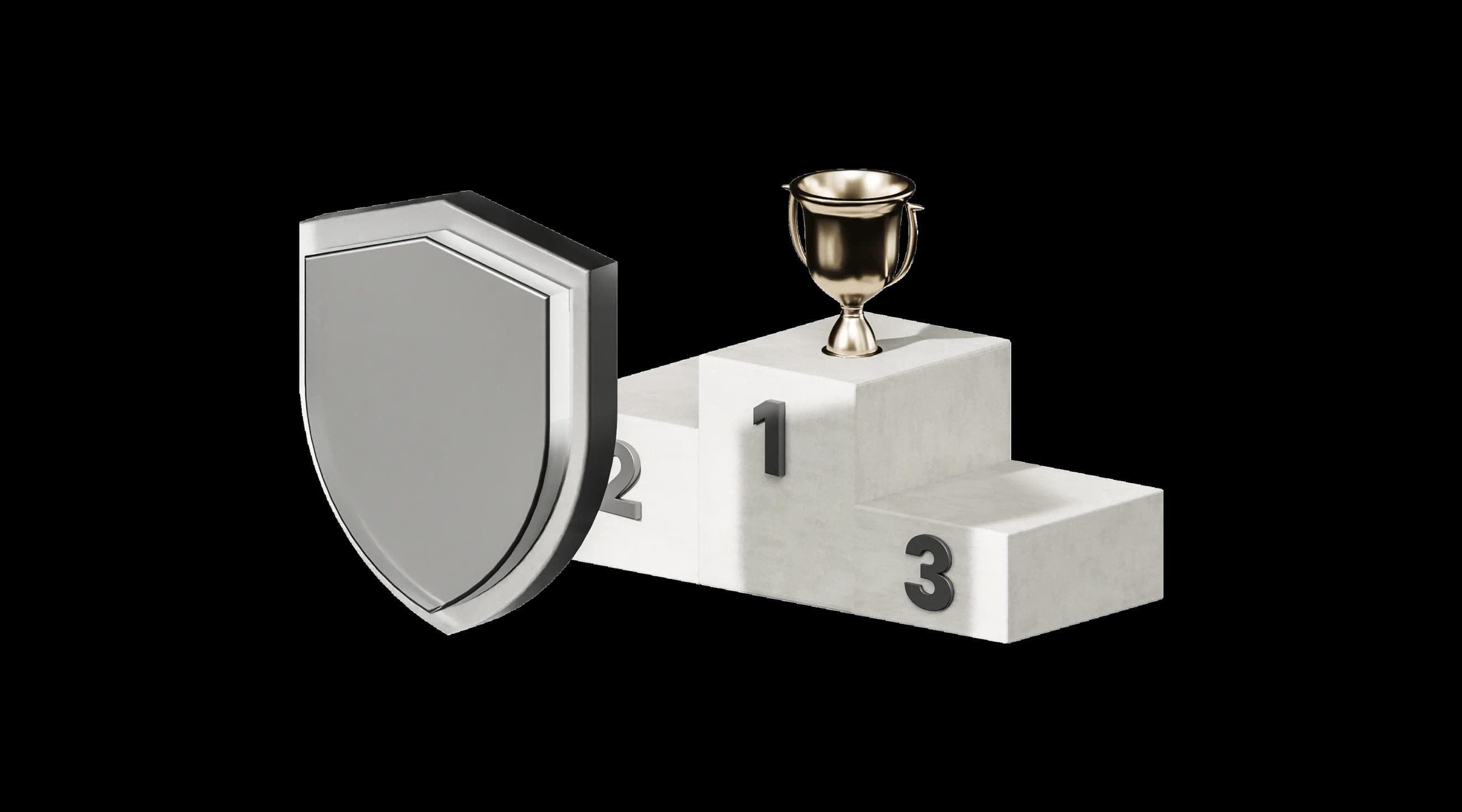 Срібний щит на тлі спортивного п'єдестала з кубком на найвищій сходинці