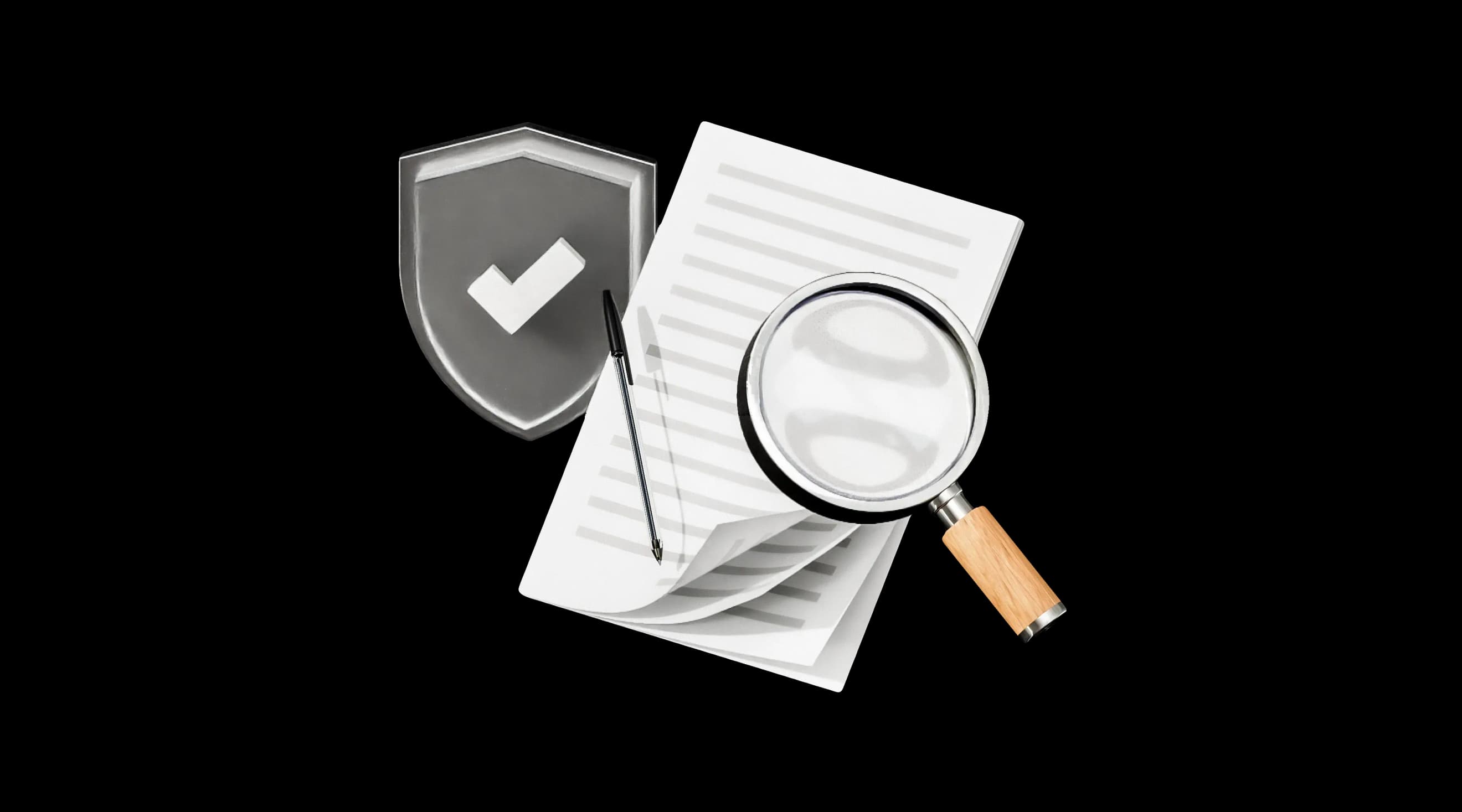 Документи під збільшувальним склом поруч із щитом із галочкою