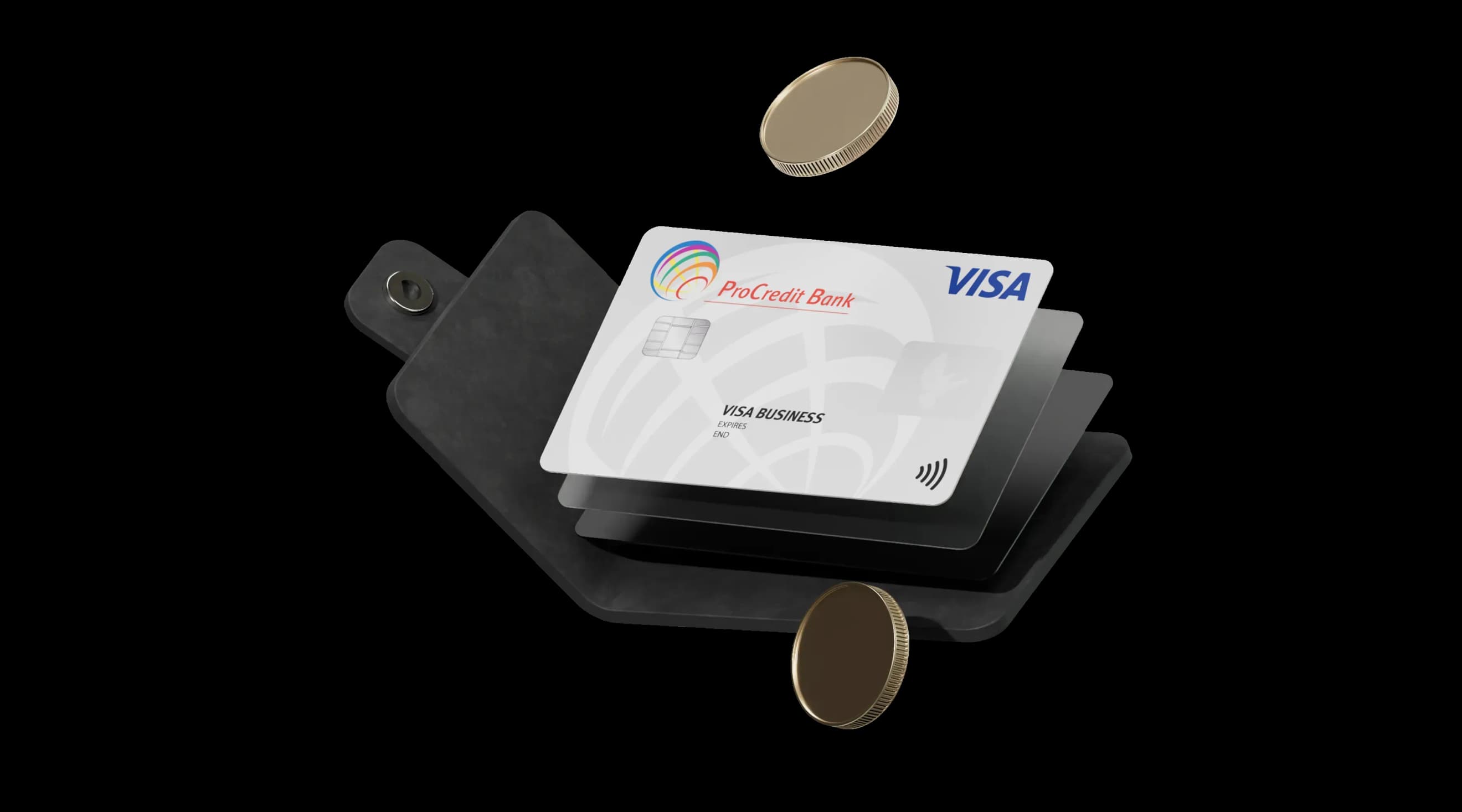 Корпоративна картка та монети, розміщені в розкритому чорному гаманці