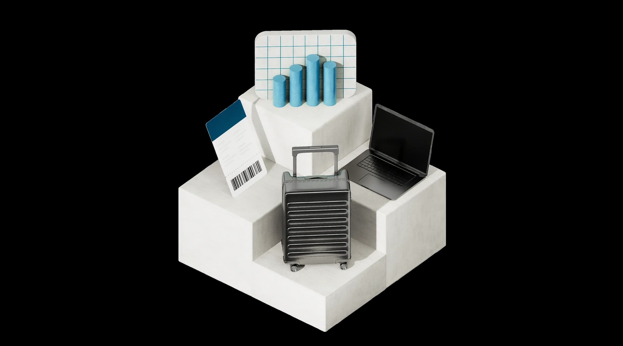 Валіза, посадковий талон, ноутбук і синя діаграма розміщені на білих геометричних платформах