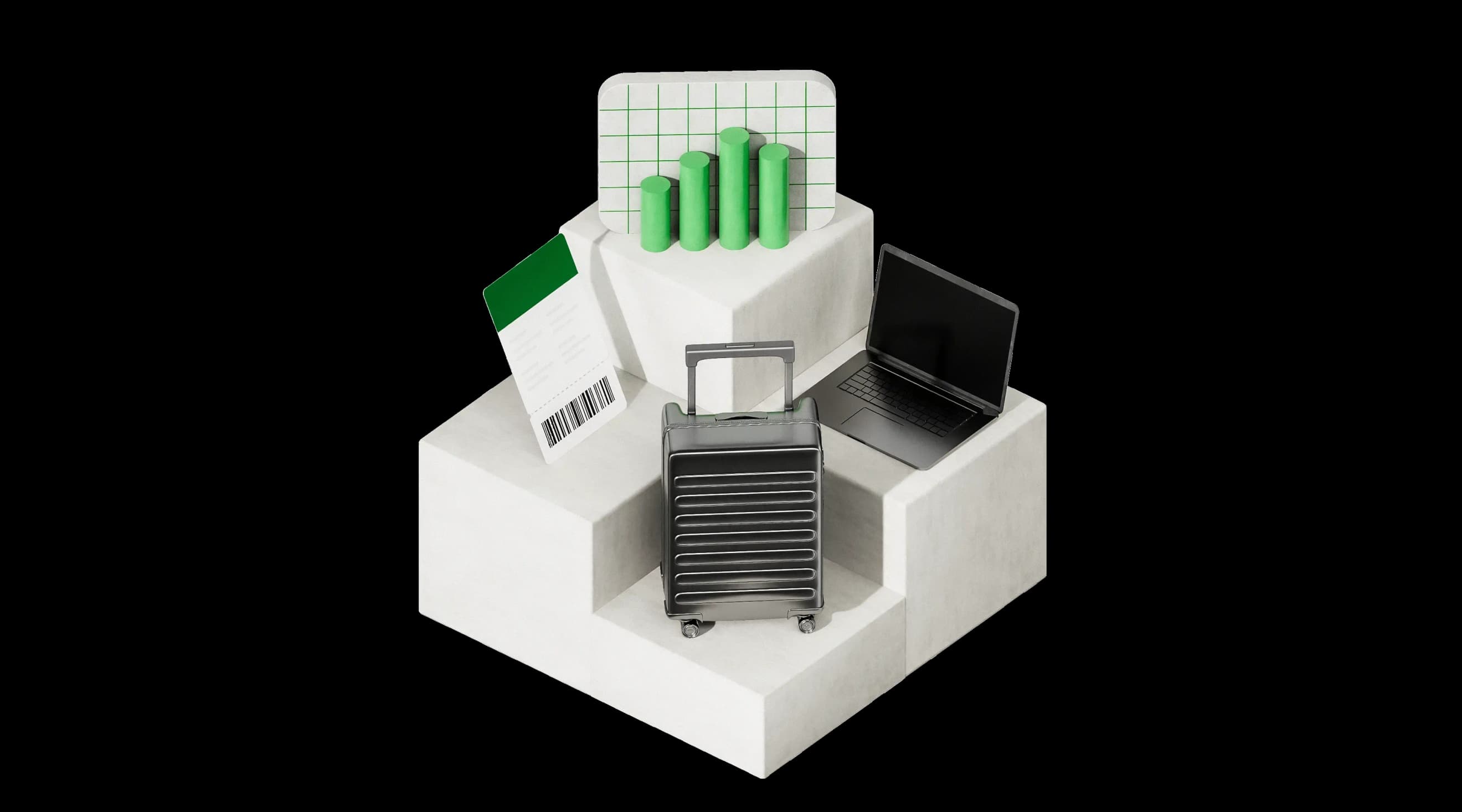 Валіза, посадковий талон, ноутбук і зелена діаграма розміщені на білих геометричних платформах