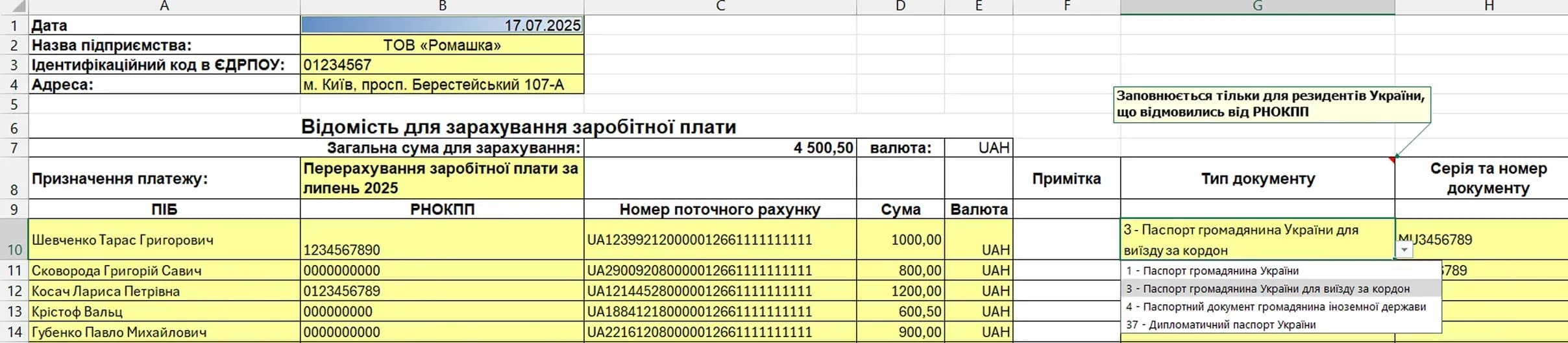 Таблиця з відомостями 