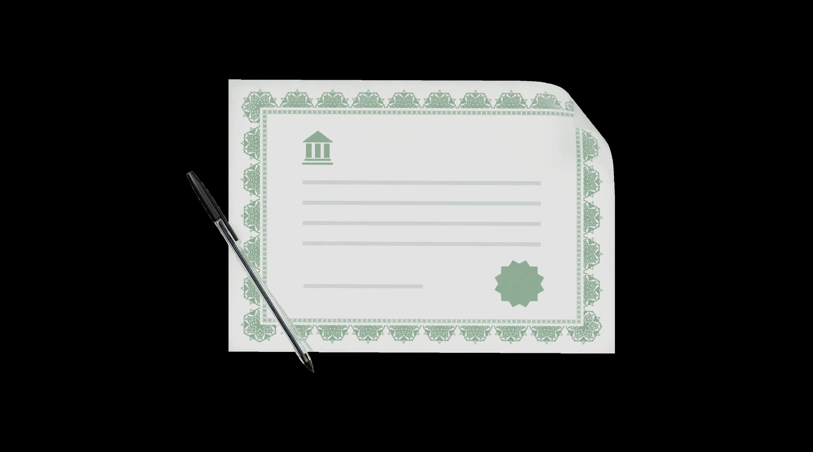 Кулькова ручка на тлі документа з іконкою банку та печаткою Кулькова ручка на тлі документа з іконкою банку та печаткою