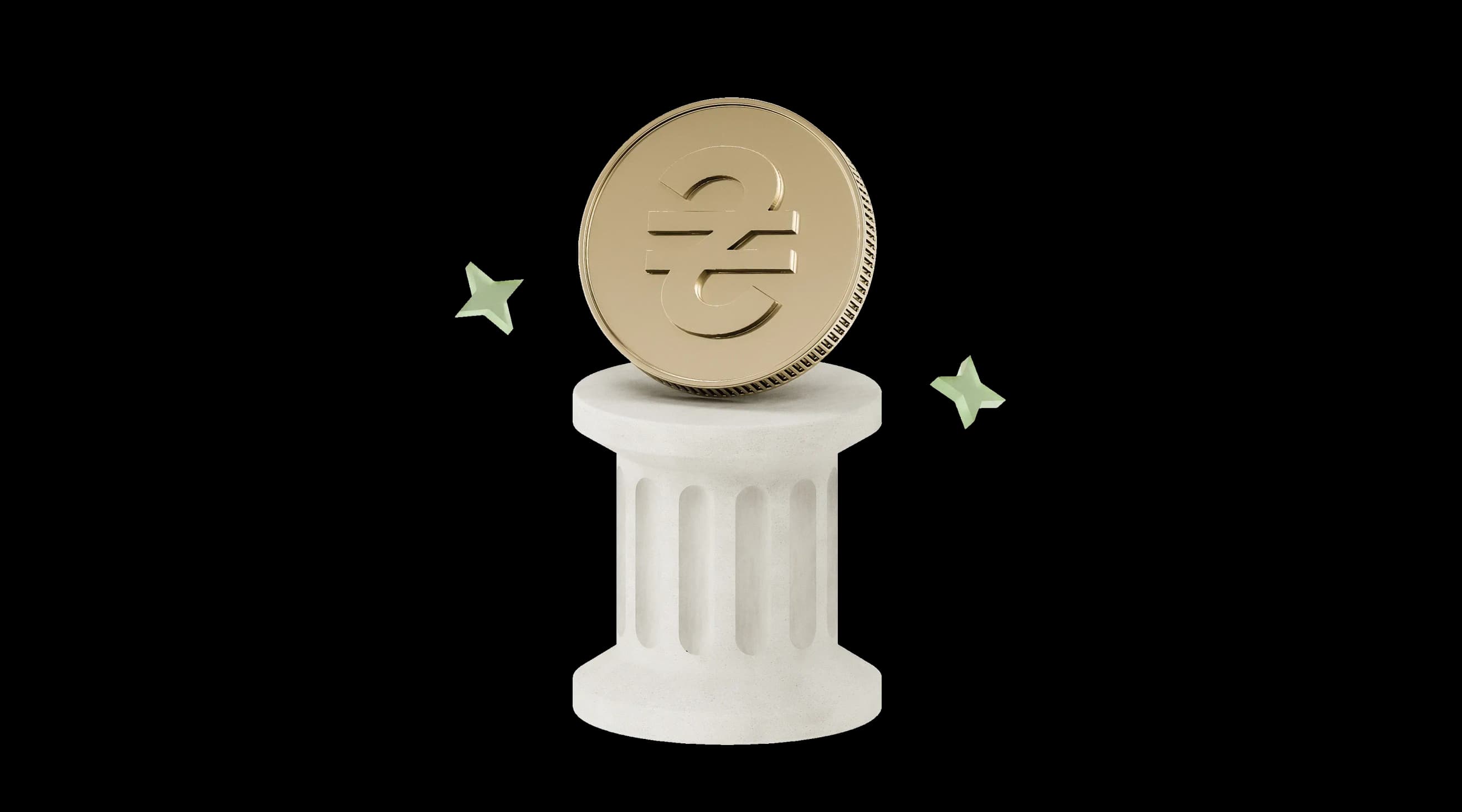Золота монета на білому колонному постаменті з декоративними зірками навколо Золота монета на білому колонному постаменті з декоративними зірками навколо