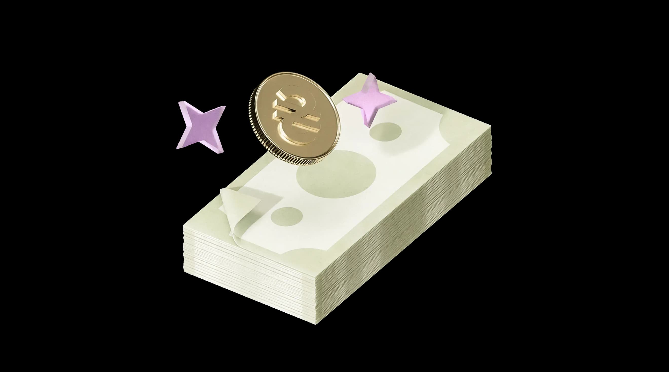 Стопка банкнот із золотою монетою та декоративними зірками поруч Стопка банкнот із золотою монетою та декоративними зірками поруч